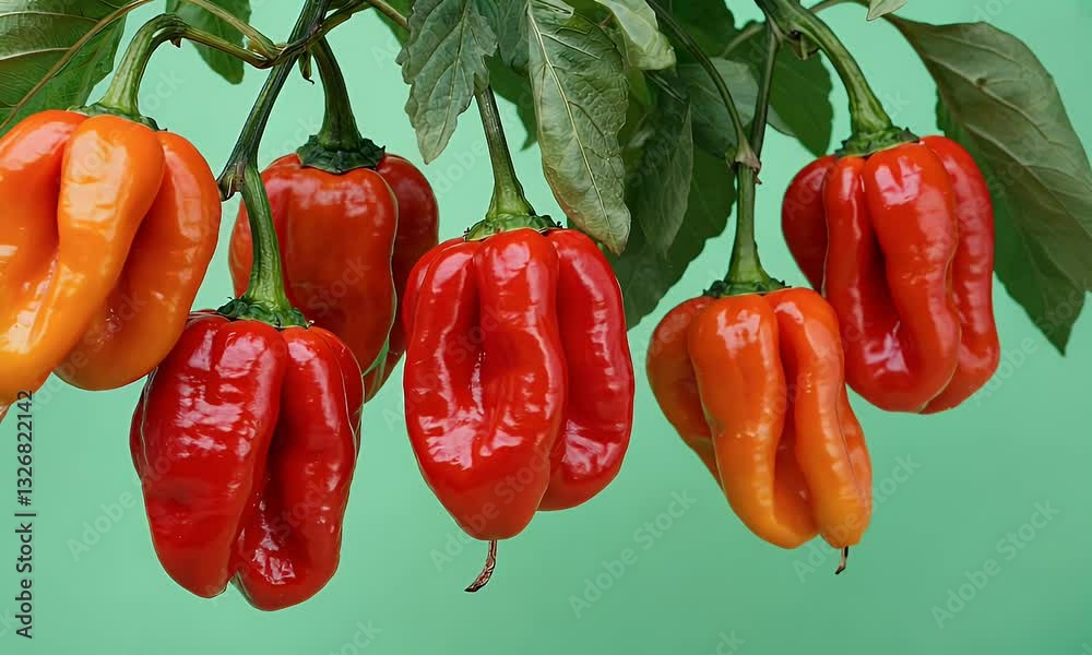 green screen video presents detailed close up of juicy paprika still growing on tree as soft wind makes its leaves dance