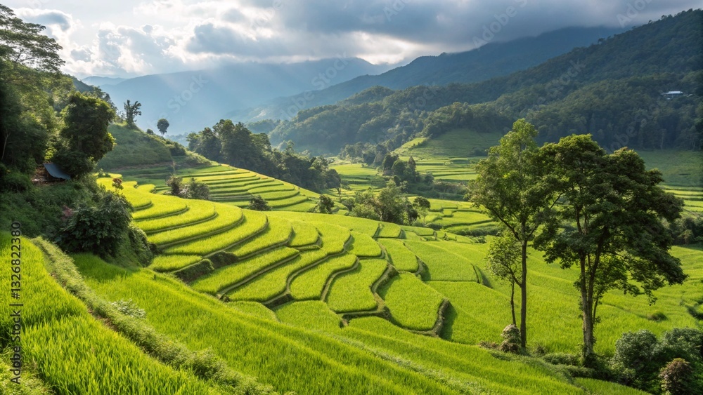 Fototapeta premium High-angle shot showcasing vibrant green vineyard terraces sprawling across a hillside, set against a mountainous backdrop under a cloudy sky, perfect for agricultural and landscape visuals