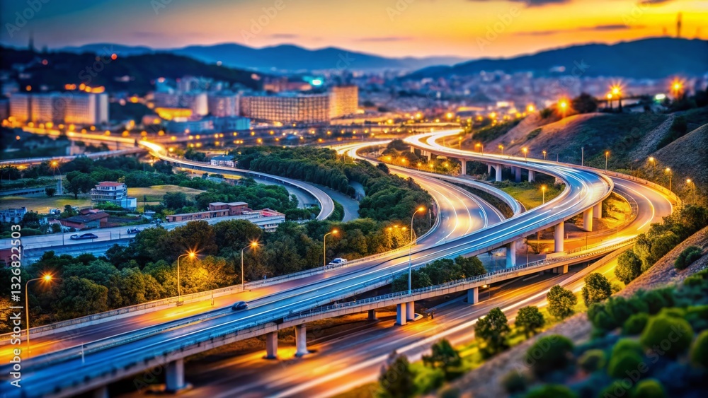 Fototapeta premium Elevated Dusk View of AP-7 Motorway, Mollet del Valles, Barcelona, Catalonia, Spain - Tilt-Shift Photography