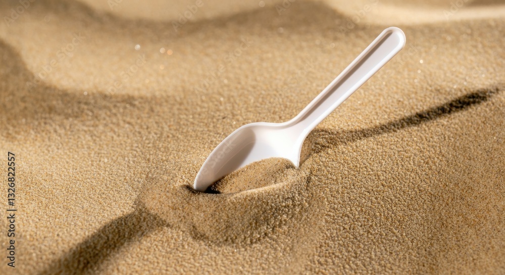 White plastic spoon partially buried in smooth sand with shaded ripples White plastic spoon partially buried in smooth sand with shaded ripples