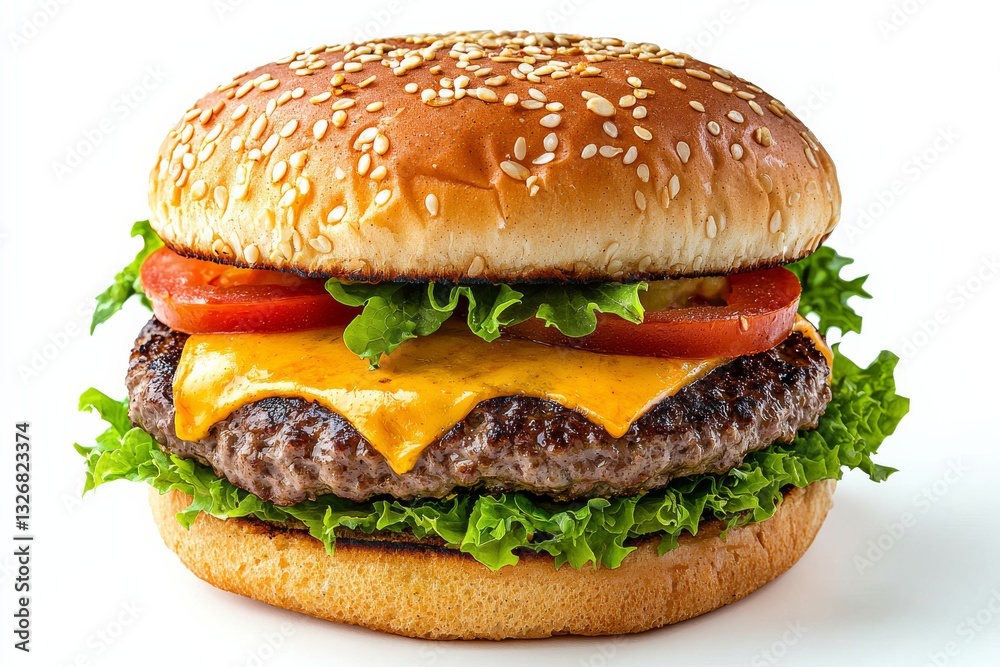 Delicious cheeseburger with fresh lettuce, tomato, and sesame seed bun Delicious cheeseburger with fresh lettuce, tomato, and sesame seed bun