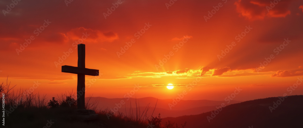 Rugged Wooden Cross Standing on a Hill at Sunset, Silhouetted Against a Sky Filled with Fiery Hues Rugged Wooden Cross Standing on a Hill at Sunset, Silhouetted Against a Sky Filled with Fiery Hues