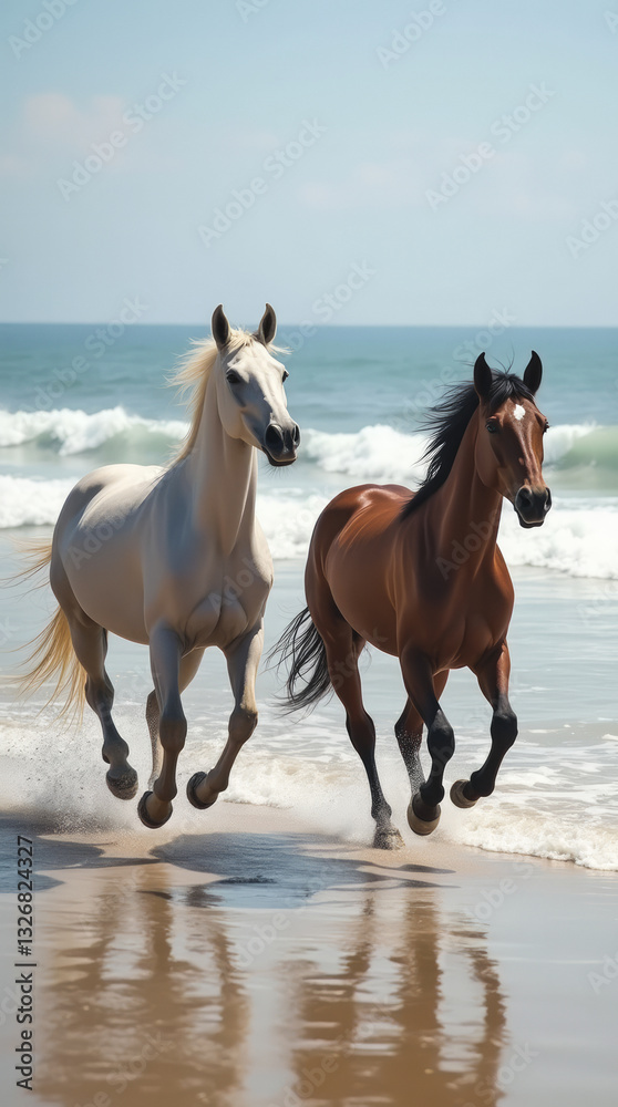 Two Powerful Arabian Horses Sprinting Along a Beach, with Ocean Waves Crashing in the Background Two Powerful Arabian Horses Sprinting Along a Beach, with Ocean Waves Crashing in the Background