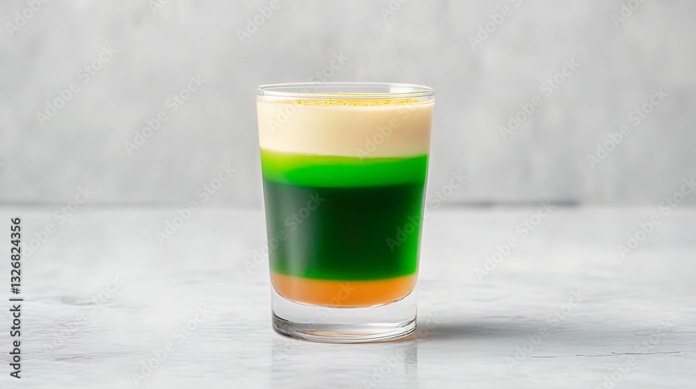A colorful layered shot in a clear glass, featuring vibrant green, orange, and yellow hues topped with a creamy layer. A colorful layered shot in a clear glass, featuring vibrant green, orange, and yellow hues topped with a creamy layer.