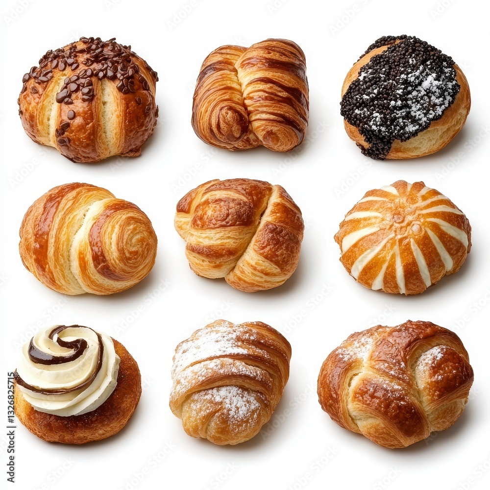 Fototapeta premium Assortment of Nine Delicious Pastries on White Background