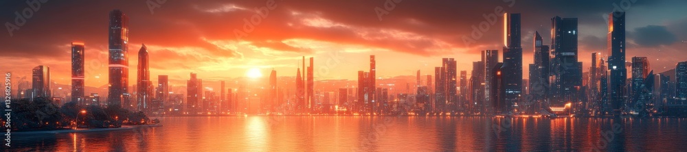 Futuristic Cityscape with Towering Skyscrapers and Glowing Sunset. Generative AI Futuristic Cityscape with Towering Skyscrapers and Glowing Sunset. Generative AI