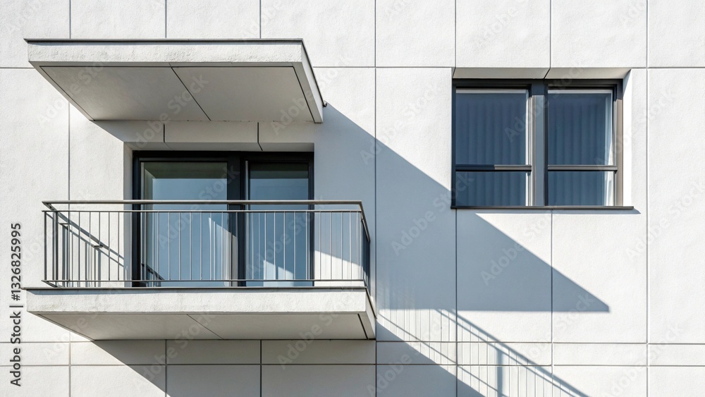 Minimalist architecture featuring white balconies and windows on a building exterior. Clean and simple design with strong shadow patterns Minimalist architecture featuring white balconies and windows on a building exterior. Clean and simple design with strong shadow patterns