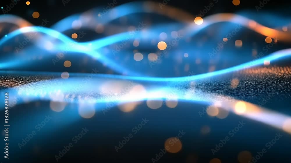 Abstract waves of blue and orange light create a mesmerizing visual effect with glowing particles
