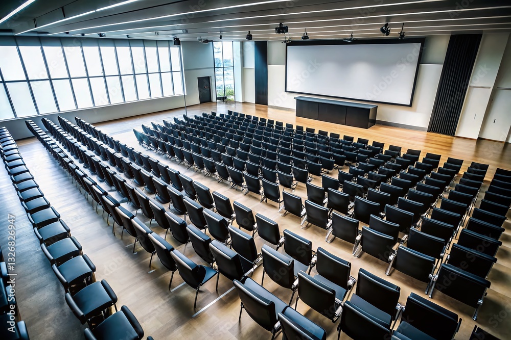 Fototapeta premium Empty Lecture Hall Silhouette - Rows of Chairs Facing Projector Screen Stock Photo