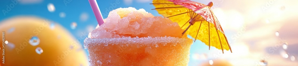 Fototapeta premium Frozen fruity slushy with ice and a little umbrella served in a glass on a sunny tropical day. Generative AI