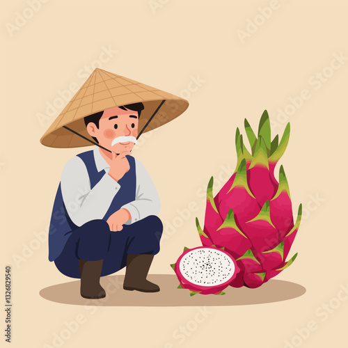 Thinking Farmer with Dragon Fruit in a Stylized Digital Illustration