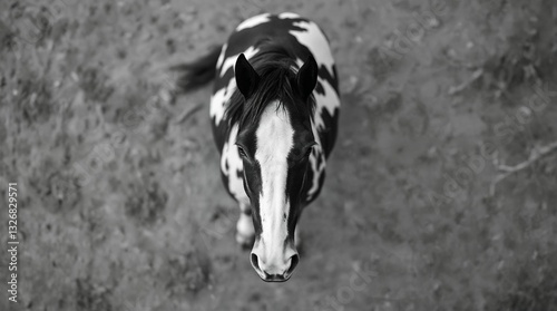 Elegant horse captured from above in a striking black and white composition