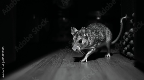 Sneaky mouse exploring a dark pantry filled with food items in monochrome