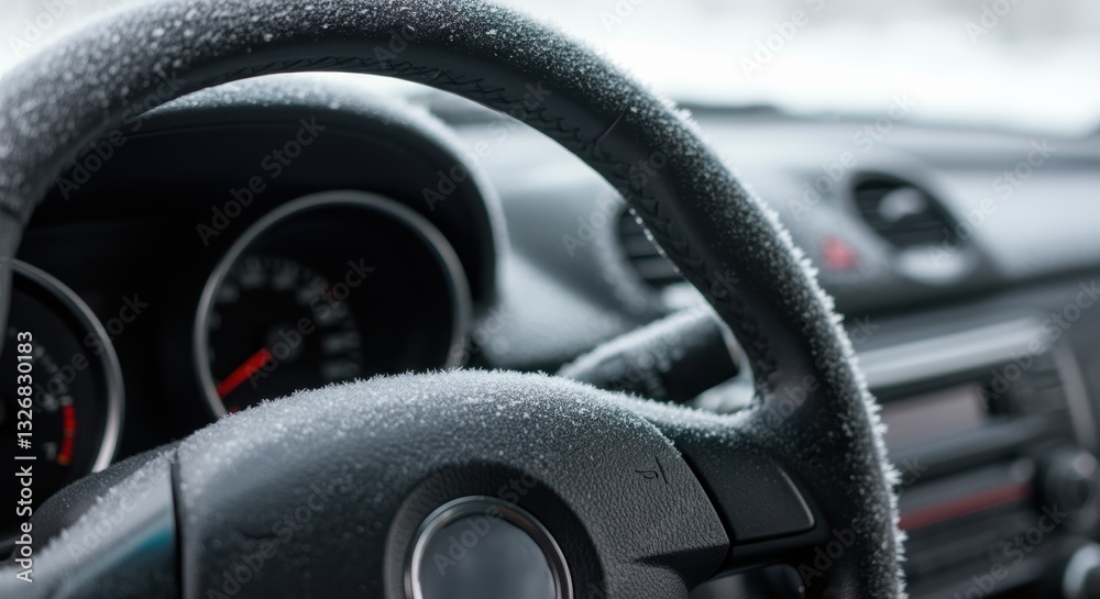 Close-up of frosted car steering wheel in winter weather