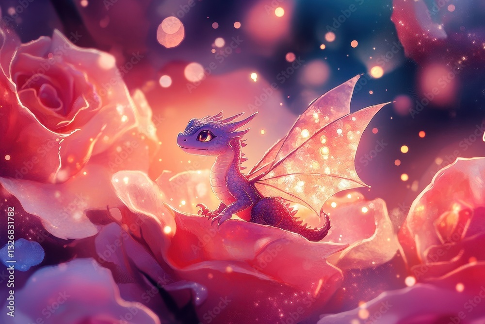 Obraz premium A small dragon is nestled within blooming pink rose petals