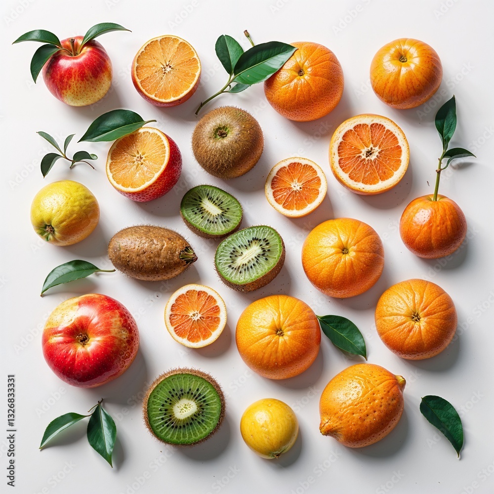 Obraz premium set of fruits orange food apple kiwi fresh set green white citrus lemon red grapefruit tangerine yellow cut ripe pattern background