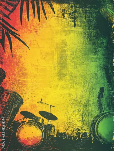 Vibrant Reggae Music Background with Drums, Guitar, and Tropical Leaves, Ideal for Music Festivals, Concert Posters, and Caribbean-Themed Designs
