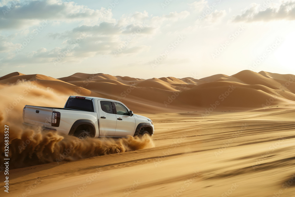 White pickup truck driving on sand dunes in desert landscape White pickup truck driving on sand dunes in desert landscape