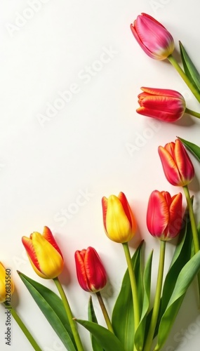Colorful tulips scattered on a soft white background, blooms, spring