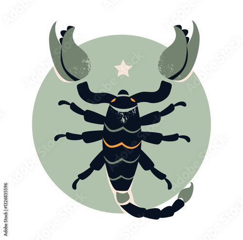 Vector illustration of Scorpio zodiac sign, featuring celestial icons, astrology symbols, and cosmic elements.