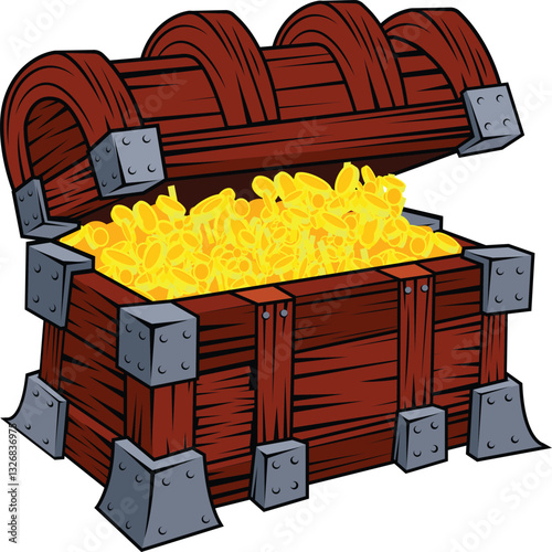  – A detailed and high-quality vector illustration of a treasure chest filled with gold coins, sparkling gems, and mysterious artifacts.