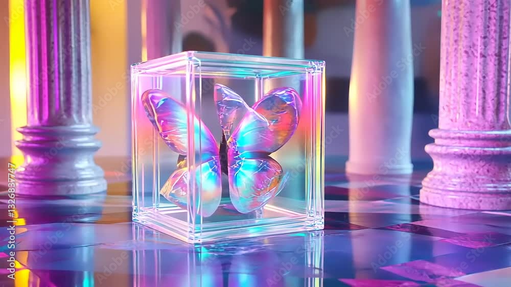 A colorful, reflective sculpture encased in a transparent cube, surrounded by classical columns and vibrant lighting A colorful, reflective sculpture encased in a transparent cube, surrounded by classical columns and vibrant lighting