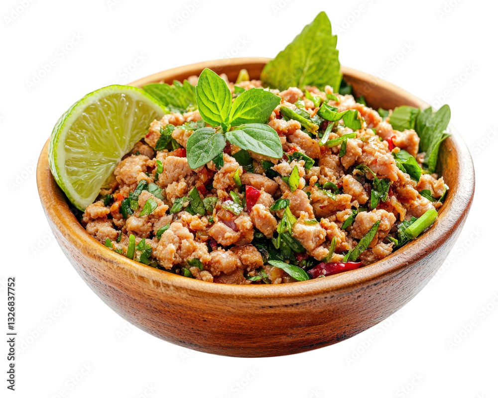 Thai spicy minced pork salad Larb Moo served in wooden bowl, garnished with fresh herbs and lime. This vibrant dish is delightful blend of flavors and textures Thai spicy minced pork salad Larb Moo served in wooden bowl, garnished with fresh herbs and lime. This vibrant dish is delightful blend of flavors and textures