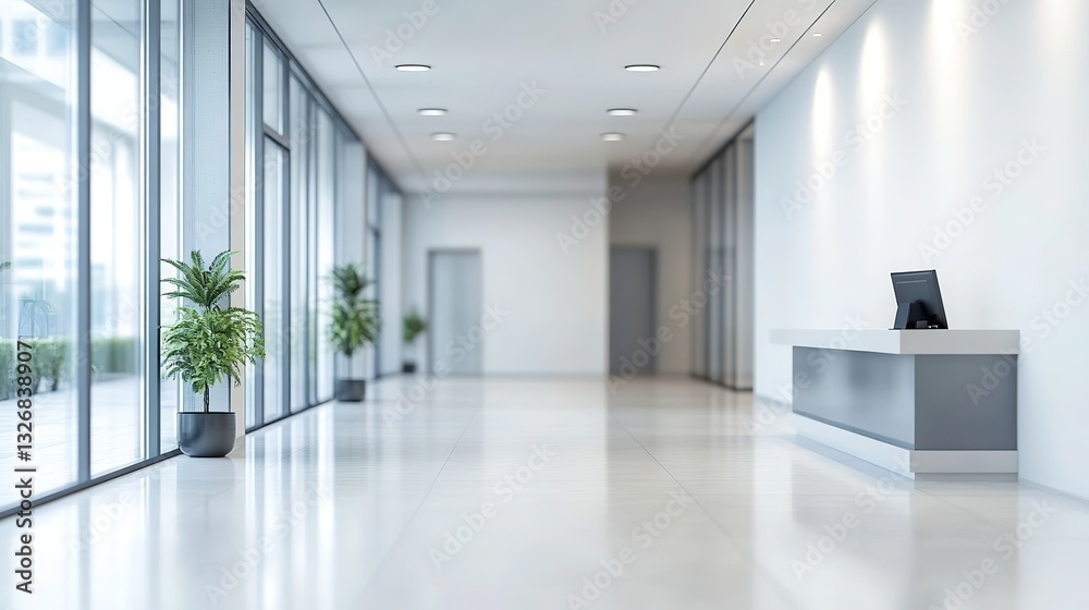 Fototapeta premium Modern office lobby with clean design, conveying simplicity and professionalism in a serene workspace. 