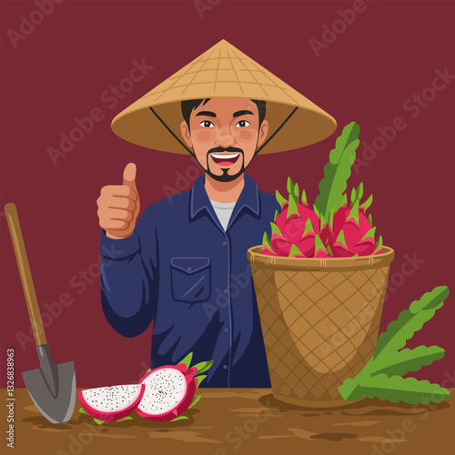 Farmer with Dragon Fruit Harvest Thumbs Up for Fresh Produce