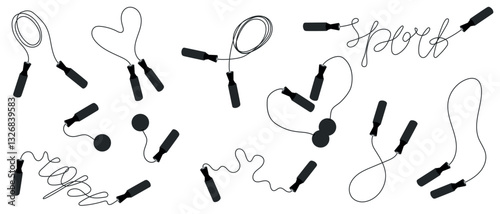 Set of black jumping rope collection for fitness training. Hand drawn vector illustration in flat style. Sport equipment for cardio exercising. Ropeless rope jumping. Heart shape string, home fitness