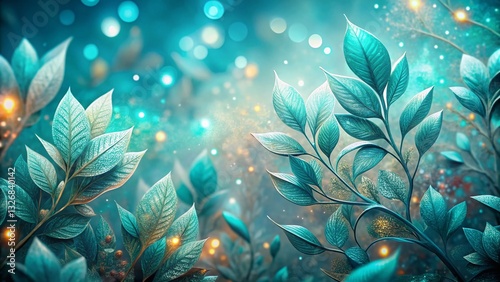 Enchanting Teal & Silver Botanical Landscape: Luminous Leaves & Bokeh
