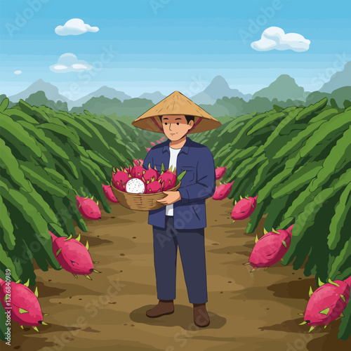 Farmer Harvesting Dragon Fruit in a Field with Mountains Background