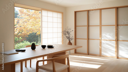  japanese dining room with wooden accents