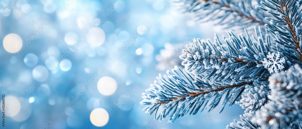 Frosty Blue Pine Branch with Snowflakes Against Soft Blurred Background Frosty Blue Pine Branch with Snowflakes Against Soft Blurred Background