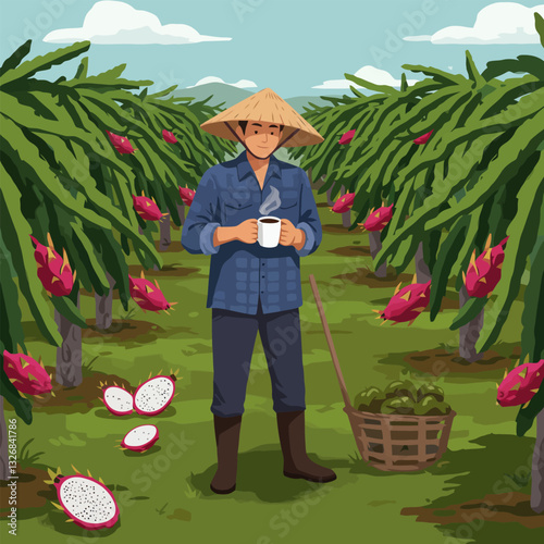 Farmer Enjoying Coffee in Dragon Fruit Field During Harvesting