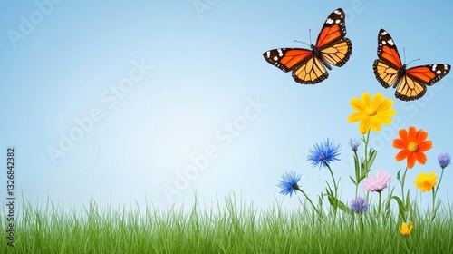 Two monarch butterflies flutter above a vibrant cluster of wildflowers and lush green grass against a serene light blue sky.