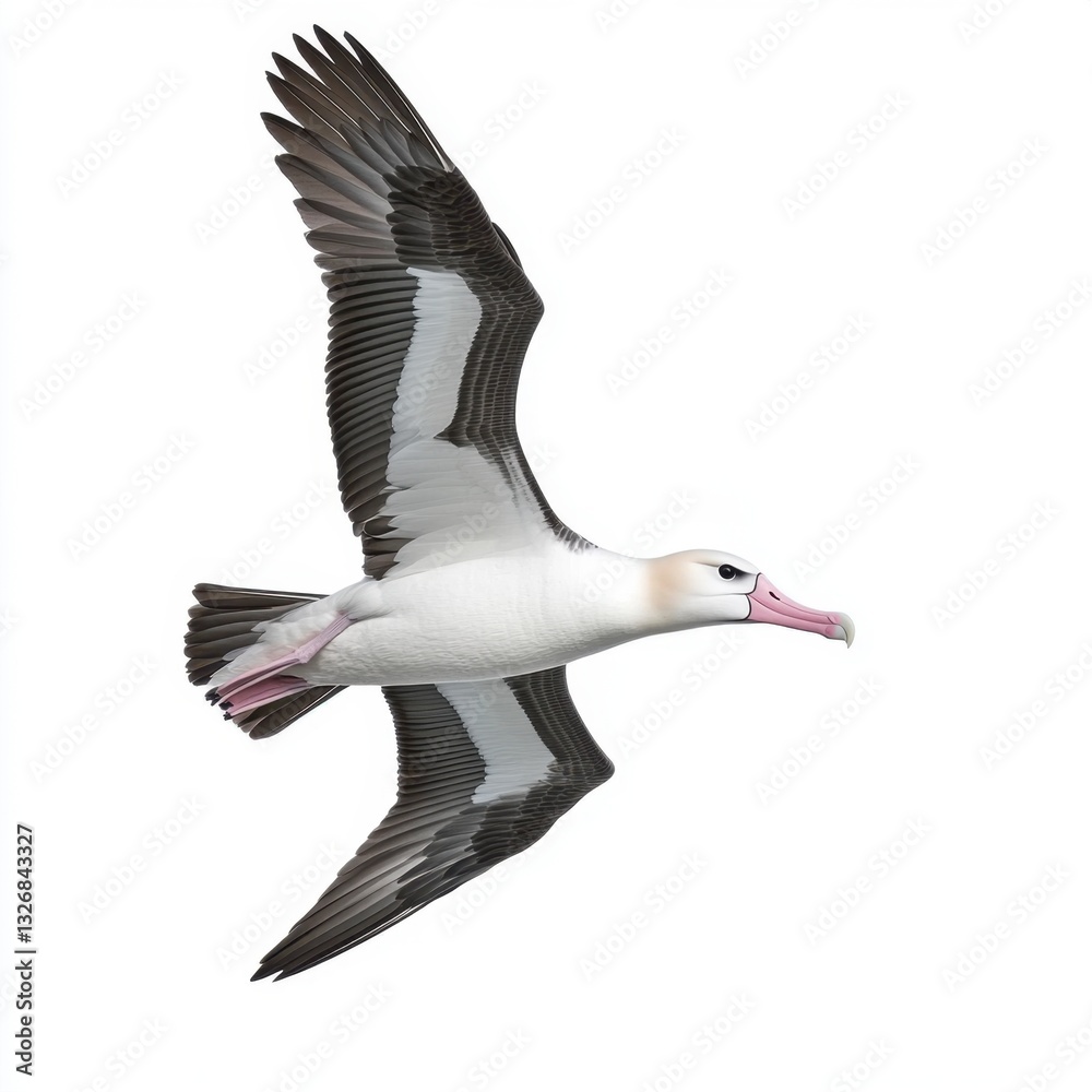 Obraz premium A large seabird with white and gray plumage soars gracefully against a stark white background. Its wings are outstretched, and its beak is a pale pink.