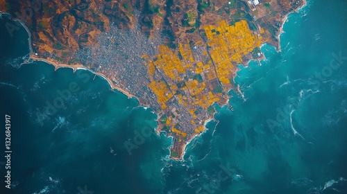 This satellite observation highlights a coastal area with a rich blend of urban landscapes and agricultural fields.