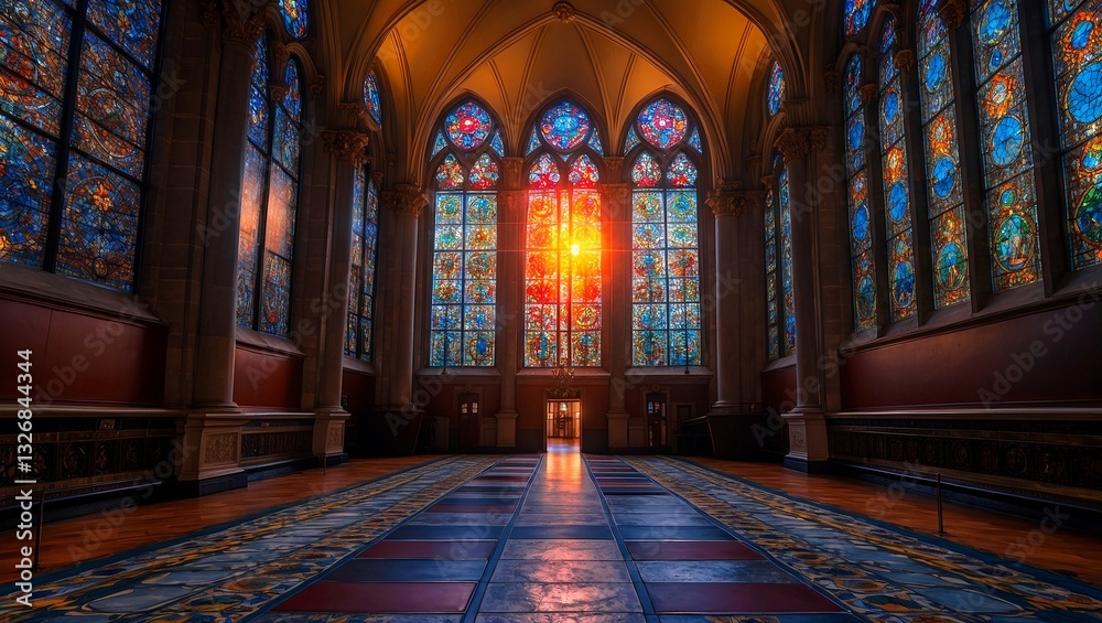 Obraz premium Grand hall bathed in sunset through stained glass