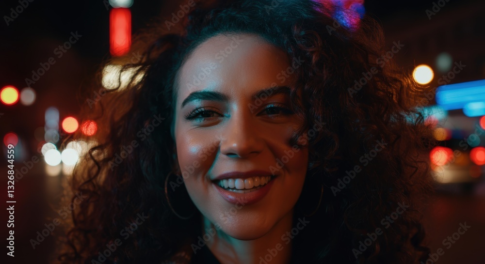 Smiling hispanic female in urban night setting with bokeh lights Smiling hispanic female in urban night setting with bokeh lights