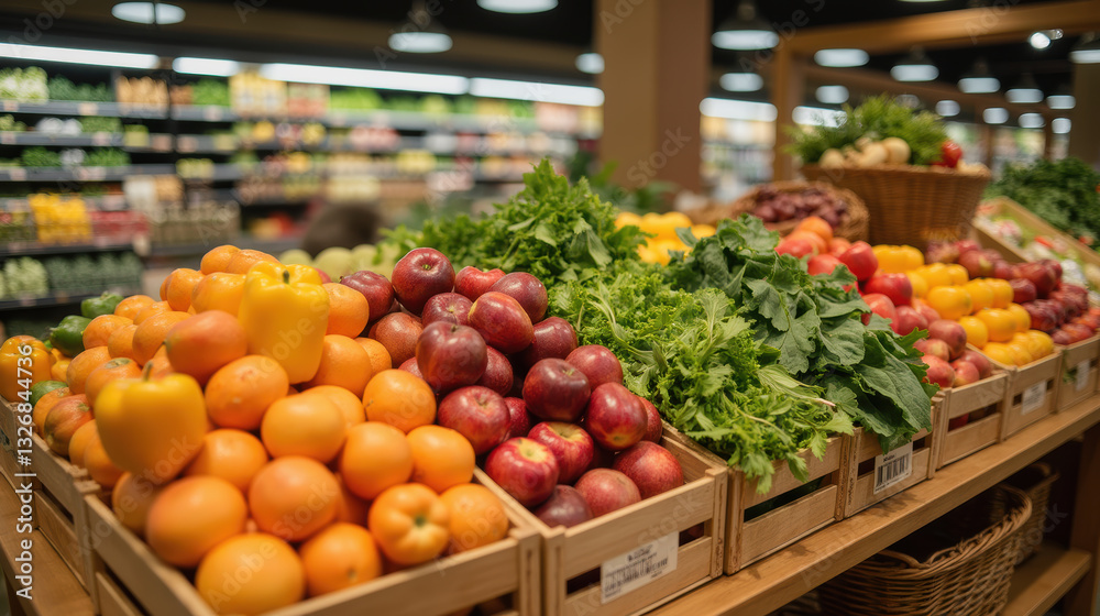 Fresh fruits and vegetables displayed in grocery store, showcasing vibrant colors and variety Fresh fruits and vegetables displayed in grocery store, showcasing vibrant colors and variety