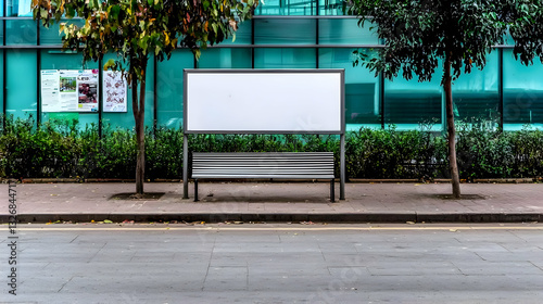 A street scene shows an empty billboard and park bench