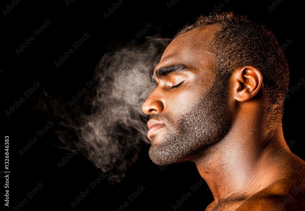 Close up profile view of a dark skinned man with a beard, covered in a fine, light grey powder, against a pure black background. Smoke or dust emanates from his face. Close up profile view of a dark skinned man with a beard, covered in a fine, light grey powder, against a pure black background. Smoke or dust emanates from his face.