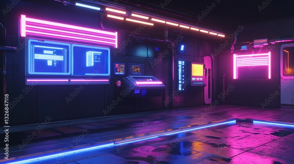 Fototapeta premium Neon-lit futuristic control room