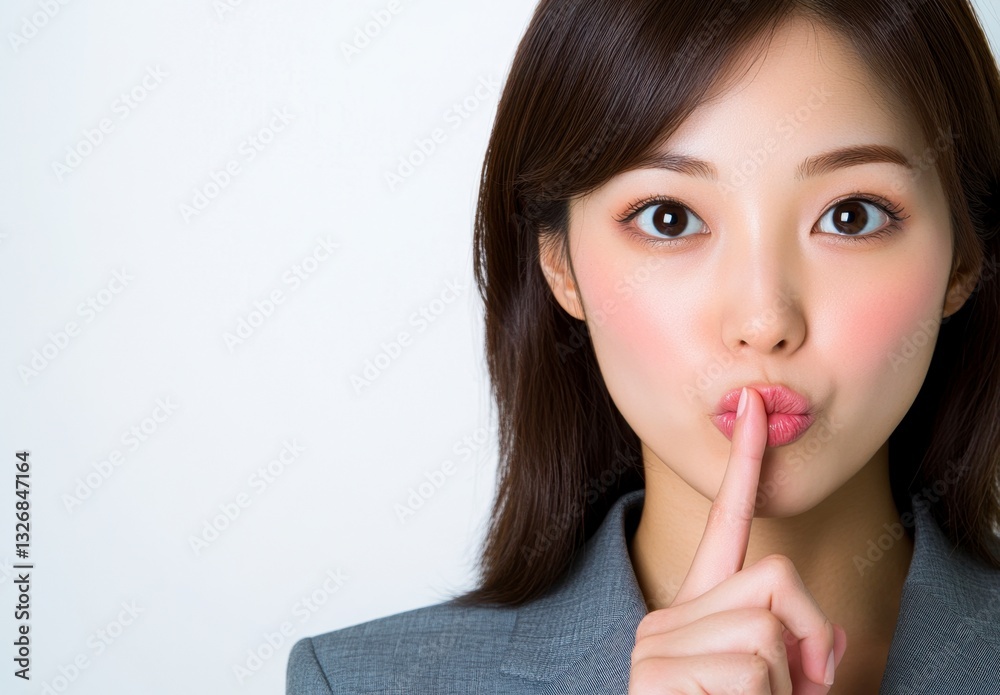 Close up portrait of a young woman with dark hair, wearing a gray suit jacket, holding a finger to her lips in a gesture of silence against a white background. Close up portrait of a young woman with dark hair, wearing a gray suit jacket, holding a finger to her lips in a gesture of silence against a white background.