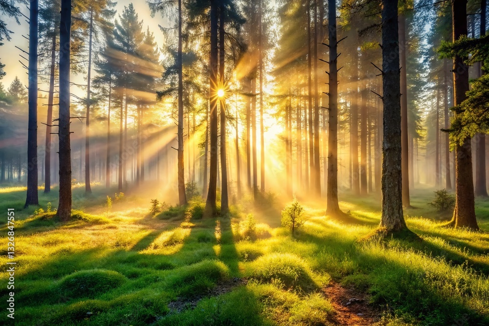 Obraz premium Ethereal Misty Forest Sunlight Rays, Serene Nature, Tranquil Scene Stock Photo