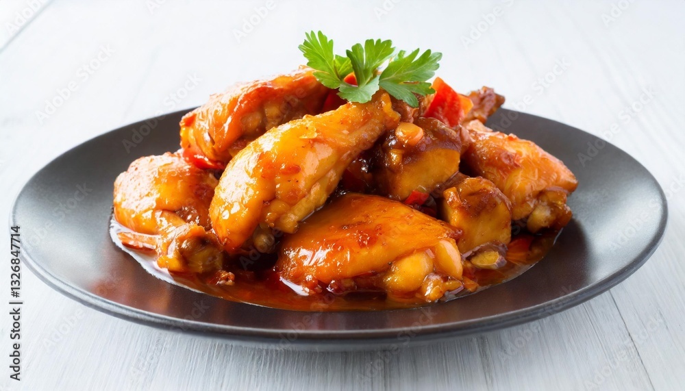 Tasty Sweet and Sour Chicken Served on a Plate Isolated on White Background Tasty Sweet and Sour Chicken Served on a Plate Isolated on White Background