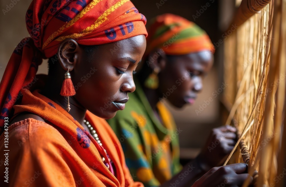 Obraz premium Women engaged in traditional weaving in a cultural workshop setting
