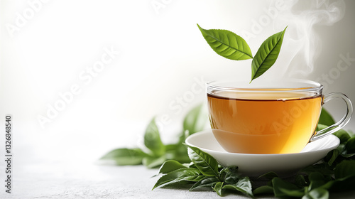 Wallpaper Mural Cup of tea with fresh green tea leaves on light background, closeup Torontodigital.ca