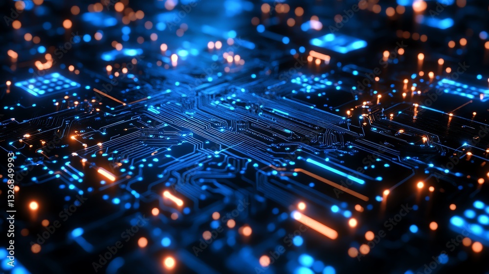 Abstract digital technology presentation featuring a futuristic circuit board with neon blue elements and interconnected electronic components for modern tech advancements Abstract digital technology presentation featuring a futuristic circuit board with neon blue elements and interconnected electronic components for modern tech advancements